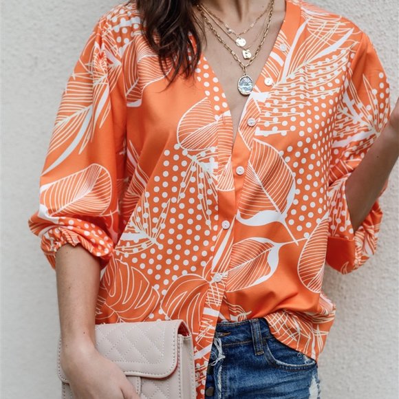 Orange Polka Dot Leaves Print Button Up Detail Balloon Sleeve Top - Picture 4 of 4